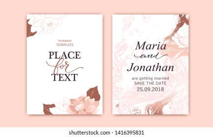 Set of elegant chic brochure,  covers, cards with pink, blush  peonies. White and rose gold marble texture. Wedding, save the date design. Packaging branding style concept. 
