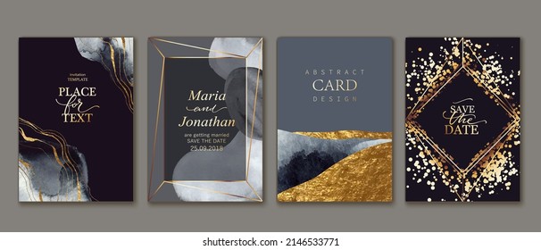 Set of elegant, chic cards with grey watercolor textures, abstract forms, golden line frames, splatters. Wedding, business  card, cover, invitation template.