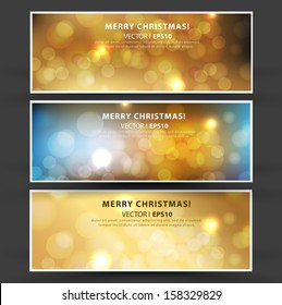 Set of Elegant Christmas banners with a gold background and bokeh effect. Vector EPS 10 illustration.