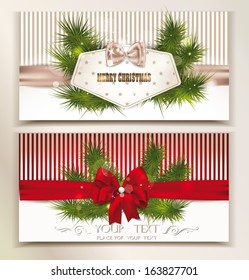 Set of elegant christmas cards with christmas-tree branches and silk bows