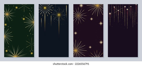 Set of elegant christmas and new year template poster. Decorative gradient vibrant golden festive firework on dark background. Design illustration for banner, card, social media, advertising, website.