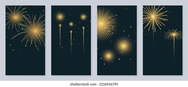 Conjunto de elegantes navidades y afiche de plantillas de año nuevo. Gradiente decorativo vibrante fuego festivo dorado sobre fondo oscuro. Ilustración de diseño para banner, tarjeta, medios sociales, publicidad, sitio web.