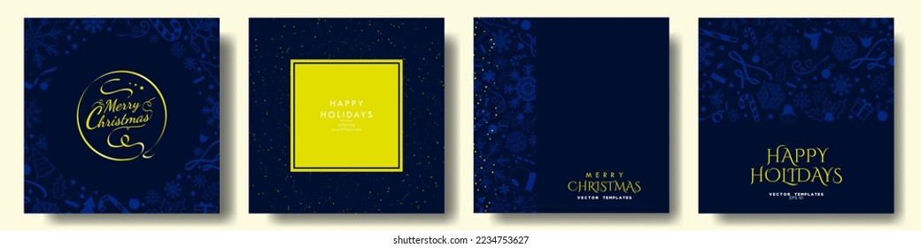 Set of Elegant Christmas Template Designs in Midnight Blue and Yellow. Beautiful Monochromatic Christmas Backgrounds with blue soft Christmas element patterns. Editable Vector Illustration. EPS 10.