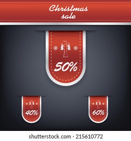 Set of elegant Christmas vertical ribbon tags with winter discounts and sales symbols. Eps10 vector illustration.