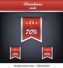 Set of elegant Christmas vertical ribbon tags with winter discounts and sales symbols. Eps10 vector illustration.