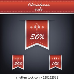 Set of elegant Christmas vertical ribbon tags with winter discounts and sales symbols. Eps10 vector illustration.