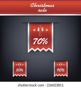 Set of elegant Christmas vertical ribbon tags with winter discounts and sales symbols. Eps10 vector illustration.