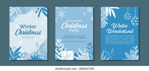 Set of elegant Christmas winter blue monochrome for social media post, mobile apps, web, internet ads. Vector abstract design, minimalist