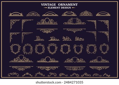 Conjunto de elegante adorno clásico para etiquetas, insignia, diseño de tarjeta. Elementos decorativos vintage dorados marcos, cintas, bordes, divisores, filigrana, arabesco, caligrafía, adorno flourish.