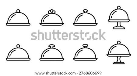Set of elegant cloche platters, serving domes on stands, restaurant dinnerware icons, simple food covers.