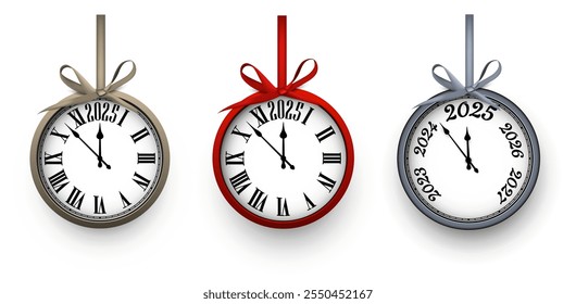 Set of elegant clocks adorned with bows, counting down to 2025. Perfect for holiday-themed designs, New Year decor, and celebrations.