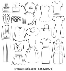 Set with elegant clothes and accessories. 
