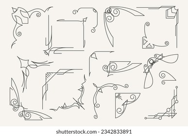 Set of elegant corners and frame borders in mystic style, banners and astrology and tarot style decor, esoteric vignettes, vector