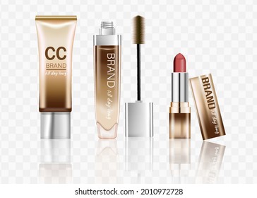 Set von eleganten Kosmetika, luxuriösen Make-up Accessoires Lipstick, Cream, Mascara, Vektorrealistische Illustration