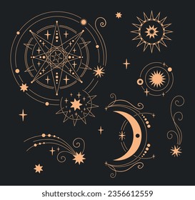 Conjunto de elementos cósmicos y mágicos elegantes: sol, luna, estrellas, planetas. Para crear un diseño para productos impresos y web, impresiones sobre telas, tarot.