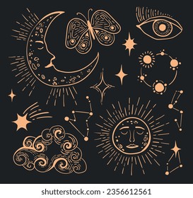 Set of elegant cosmic and magical elements: sun, moon, stars, planets, eye, butterfly. To create a design for printed and web products, prints on fabrics, tarot.