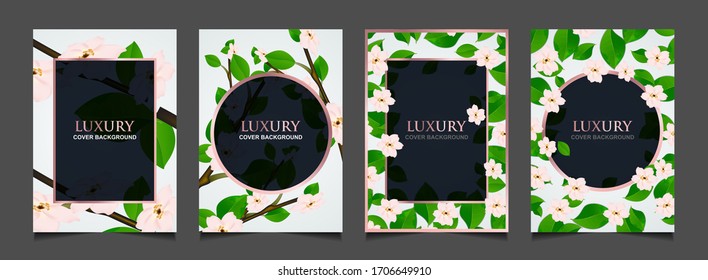 Set of elegant cover design template with flower and green leaves decoration. Luxury vector graphic can use for wedding invitation card, spa promotion, sale discount massage, hotel, product packaging