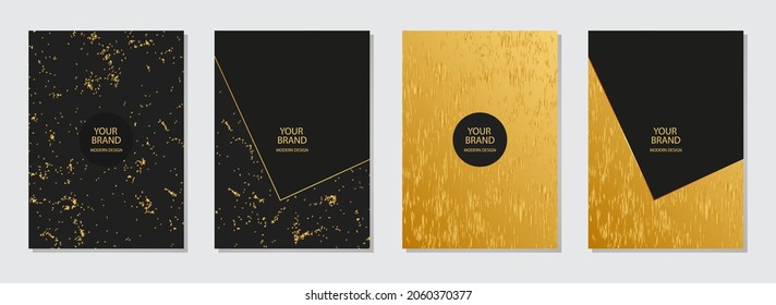 Set of elegant covers. Backgrounds with grunge texture, geometric gold pattern. Collection of vertical vector templates for catalog, brochure template, magazine layout, booklet, flyer.