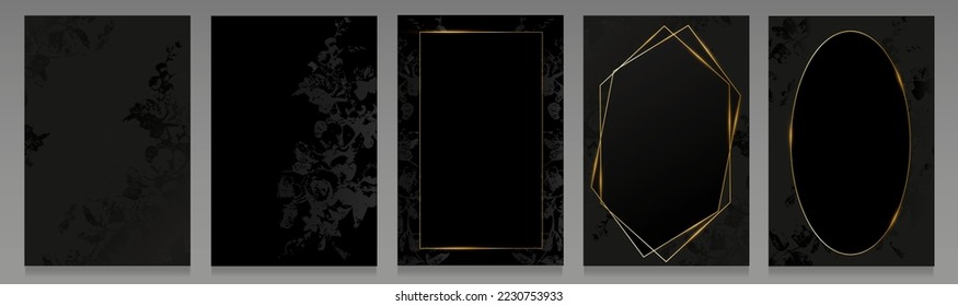 Set von eleganten Decken, Schwarz-Gold-Farben. Malerische Blumen, bedrucktes Blumenmotiv, mit goldenen Rahmen verschiedener Formen. Broschüren, Einladungen, luxuriöse Hintergründe.