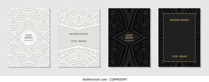 Set of elegant covers, vertical templates. Collection of relief backgrounds with 3d pattern, geometric ethnic ornamental texture from Tribal heritage of the East, Asia, India, Mexico, Aztecs, Peru.
