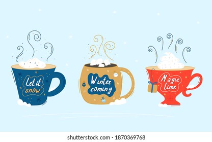 A set of elegant cups - speech bubbles and beautiful inscriptions. Cozy flat cartoon holiday illustration. Happy New Year And Merry Christmas postcard