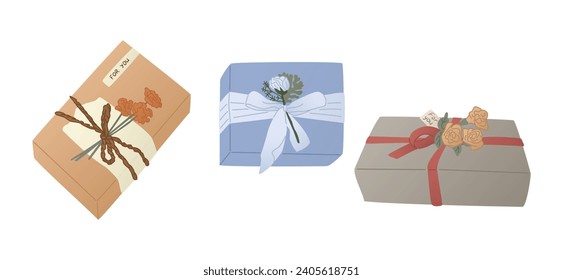 Set of elegant decorated modern gift boxes for holidays. Gifts for birthday, valentines day, anniversary. Wrapped gift boxes with ribbon and flowers