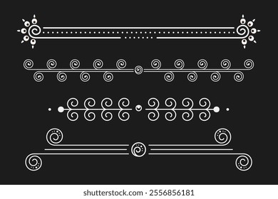 A set of elegant decorative line dividers with intricate swirl patterns and floral elements, displayed in white on a black background. Ideal for graphic design, invitations, or web design accents.