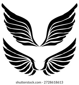 Un conjunto de ilustraciones de alas elegantes y decorativas con plumas detalladas y significado simbólico. Estas alas evocan temas de libertad, espiritualidad y aspiración. Adecuado para proyectos de Diseño gráfico, tatuajes o representaciones simbólicas.