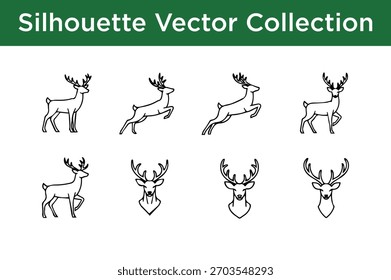Set of elegant deer and stag silhouettes in various poses, including jumping and standing, perfect for design projects.