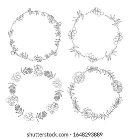 Set of elegant delicate wreaths. Black and white linear hand drawing. Decoration wedding invitation design, envelopes, greeting card template. Vector illustration