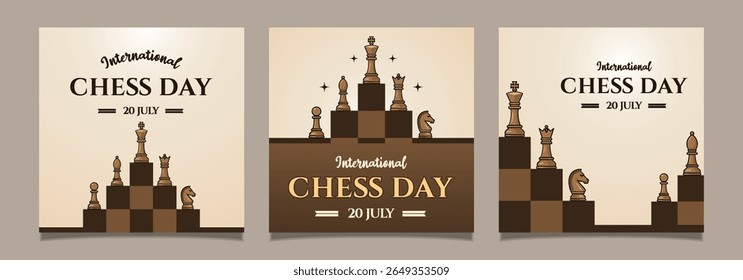 Set Elegant design celebrating International Chess Day, featuring chess pieces on risers in a balanced layout, symbolizing strategy and competition.
