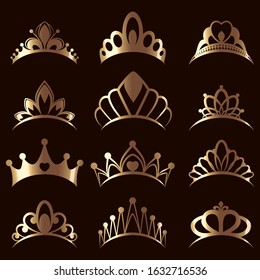 Set of elegant diadems and tiaras.  Beautiful queen 
gold tiaras,  princess crowns.