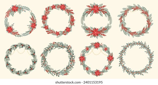 Set elegant door christmas wreaths in flat hand drawn style. Winter holiday decoration. Poinsettia, holly, Christmas tree branches and berries. Design elements for card, poster, invitation, banner