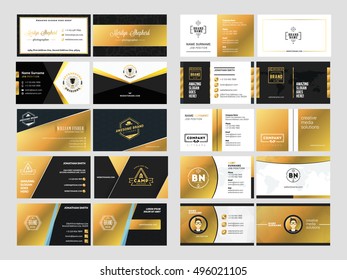 Set of elegant double-sided business card templates with logotype elements. Black and gold colors. Vector illustration. Stationery design