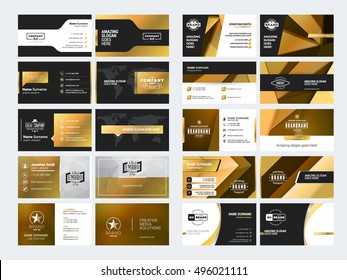 Conjunto de elegantes plantillas de tarjetas de visita doble con elementos de logotipo. Color negro y dorado. Ilustración vectorial. Diseño estacional