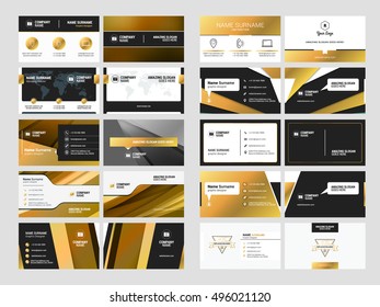 Set of elegant double-sided business card templates with logotype elements. Black and gold colors. Vector illustration. Stationery design