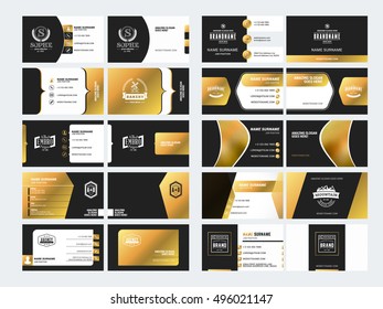 Set of elegant double-sided business card templates with logotype elements. Black and gold colors. Vector illustration. Stationery design