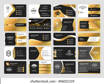 Set of elegant double-sided business card templates with logotype elements. Black and gold colors. Vector illustration. Stationery design