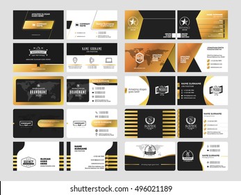 Conjunto de elegantes plantillas de tarjetas de visita doble con elementos de logotipo. Color negro y dorado. Ilustración vectorial. Diseño estacional