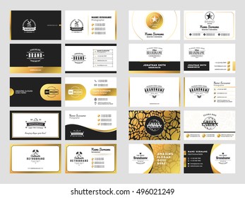 Set of elegant double-sided business card templates with logotype elements. Black and gold colors. Vector illustration. Stationery design