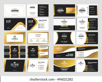 Set of elegant double-sided business card templates with logotype elements. Black and gold colors. Vector illustration. Stationery design