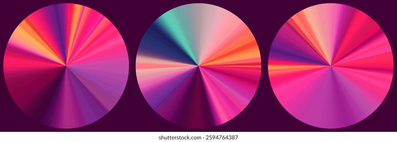 Set of elegant dynamic gradients in polar coordinates and dynamic circular motion. Trendy geometric radial burst design with stylish glow perfect for luxury branding expression. Vector illustration