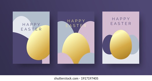 Set of Elegant Easter Greeting Cards. Happy Easter Card with Luxury Gold Foil Style Easter Egg and Typography. Easter Card or Invitation Design Template with Geometric Egg Background.