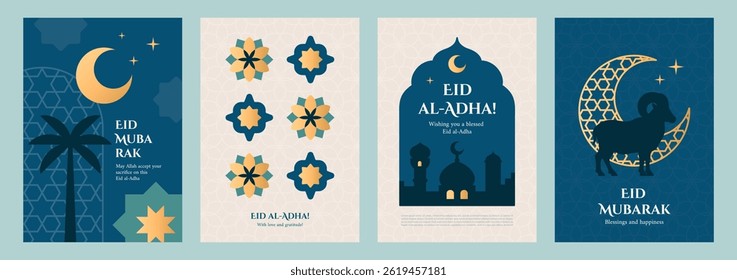 Set of elegant Eid al-Adha greeting cards featuring crescent moon, stars, mosque and ram silhouette. Stylish Islamic festive designs in traditional blue, green and gold tones.