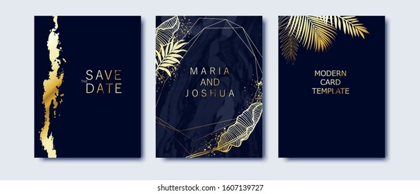 Set of elegant exotic brochure, card, background, cover. Indigo marble and golden texture. Geometric frame. Palm, exotic leaves. Save the date, invitation, birthday card design.    