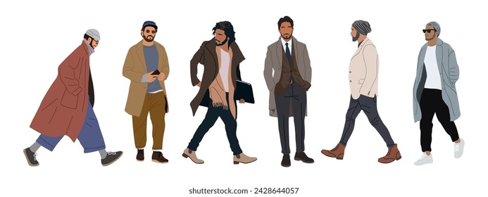 Set of elegant fashion men wearing coats isolated.