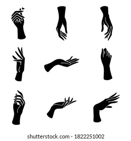 Set of elegant female hands in a minimal flat style. Collection of different hand gestures. Logos for cosmetics, jewelry, beauty products, spa, manicure. Hand drawn boho vector.