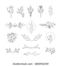 Set of elegant floral decorative elements. Flowers, bouquets, laurels. Vector isolated illustration.