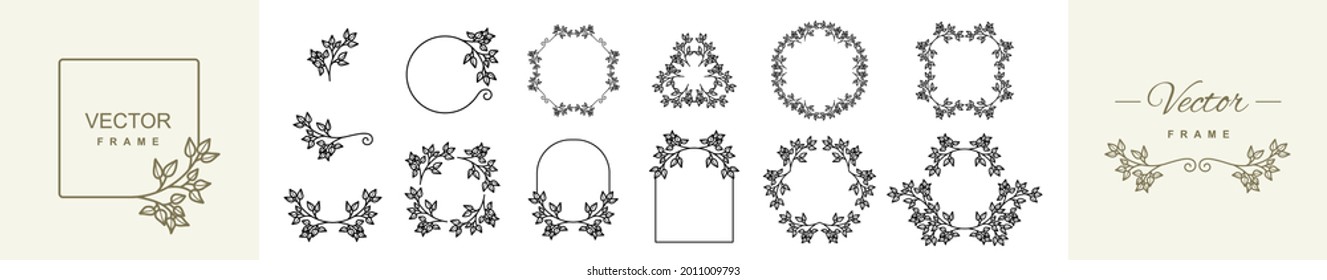 Set of elegant floral frames. Vintage plant wreaths with branches and leaves. Decorative elements for design. Vector illustration isolated on white background
