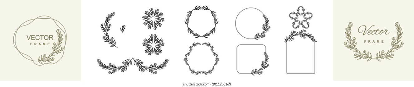 Set of elegant floral frames. Vintage plant wreaths with branches and leaves. Decorative elements for design. Vector illustration isolated on white background